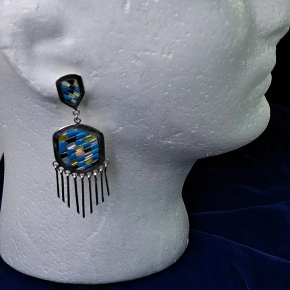 Native American Multi Stone Cobblestone On Sterling Silver Dangle Earrings - Picture 3 of 11